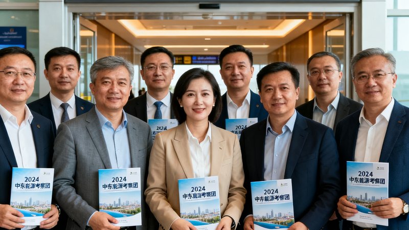 tyc贵宾会组织的2024中东能源考察团在迪拜机场的出发合影，团员身着商务便装，手持定制行程手册，背景为机场贵宾通道入口。