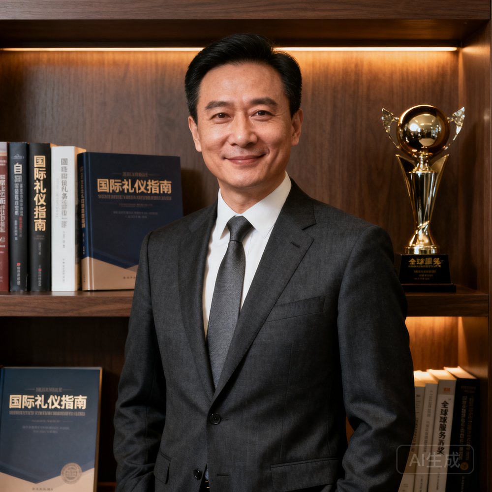 tyc贵宾会集团创始人兼首席执行官周启明先生的职业肖像照，他身着深色定制西装，佩戴简约领带，面带沉稳自信的微笑，背景为办公室书架，摆放着国际礼仪相关书籍和全球服务奖杯。